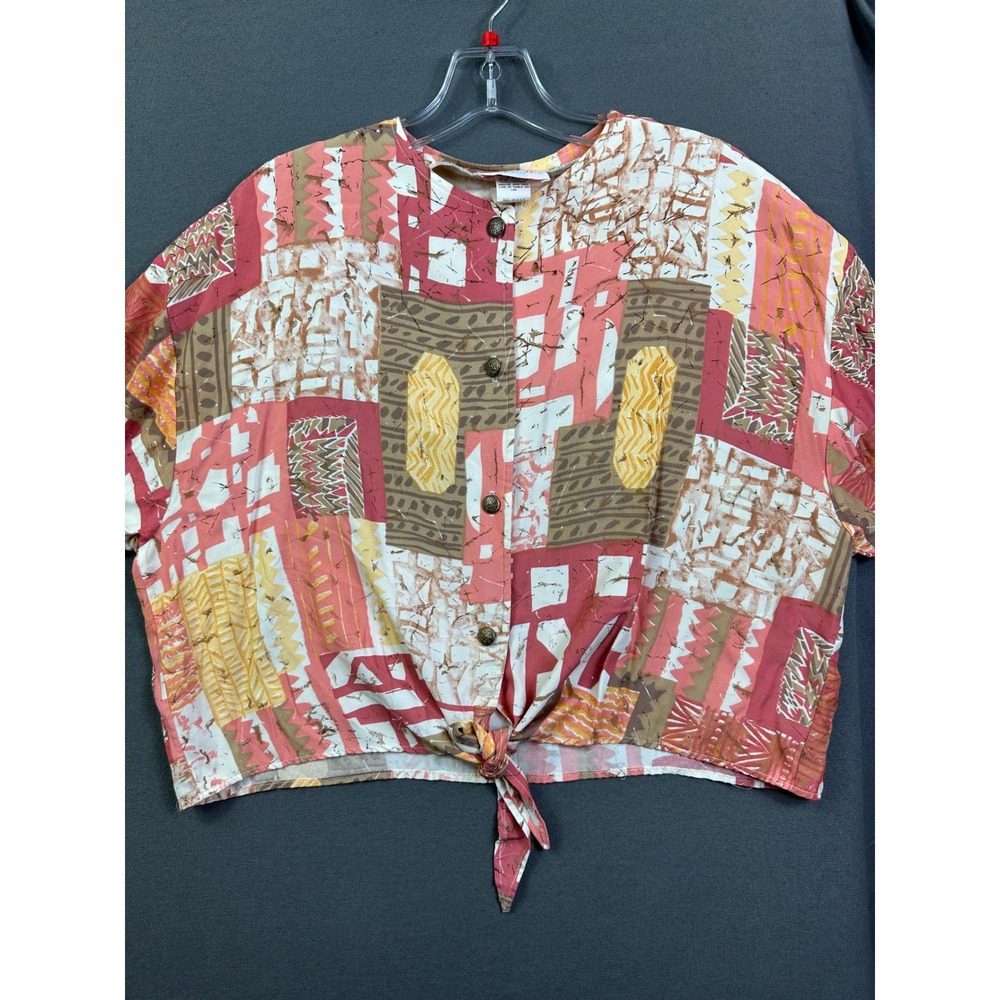 Vintage Mike & Me Pink Orange Abstract Geometric Tie Front‎ Blouse L Made in USA